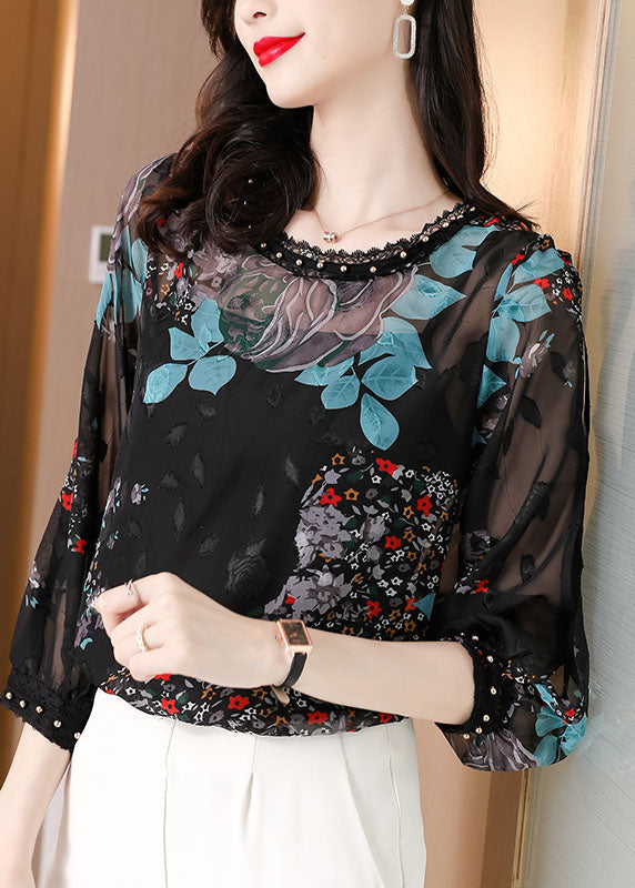 French Black O-Neck Print Lace Patchwork Chiffon Two Pieces Summer LY0475