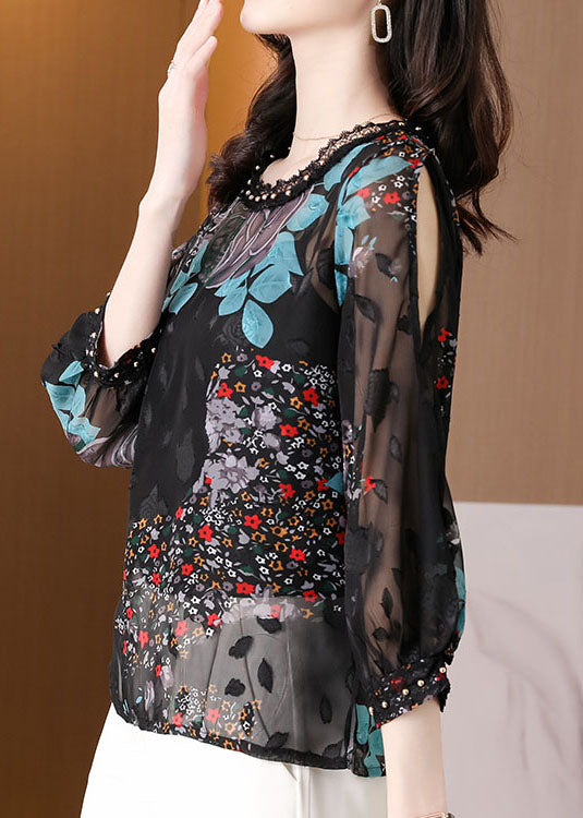 French Black O-Neck Print Lace Patchwork Chiffon Two Pieces Summer LY0475 - fabuloryshop