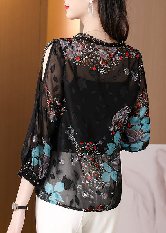 French Black O-Neck Print Lace Patchwork Chiffon Two Pieces Summer LY0475 - fabuloryshop