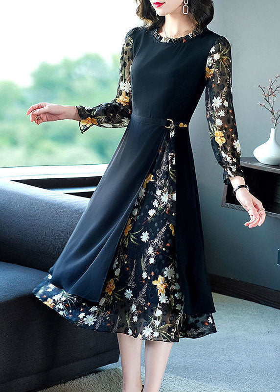 French Black O-Neck Ruffled Patchwork Print Chiffon Long Dress Spring LC0071 - fabuloryshop