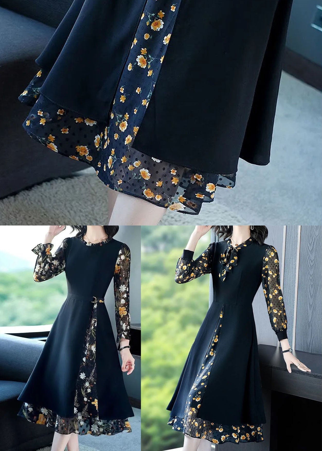 French Black O-Neck Ruffled Patchwork Print Chiffon Long Dress Spring LC0071 - fabuloryshop