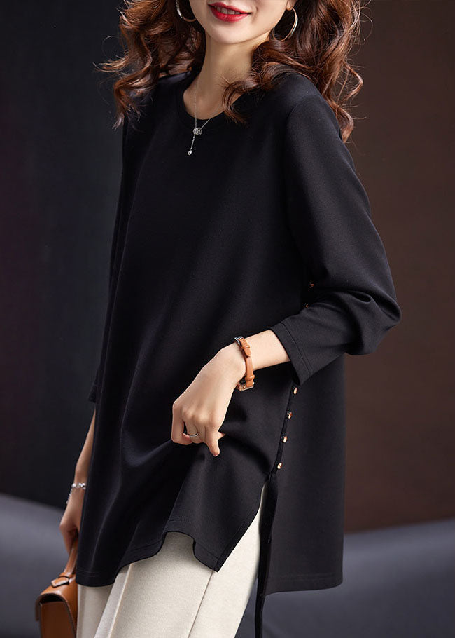 French Black O-Neck Side Open Zircon Tops Long Sleeve Ada Fashion