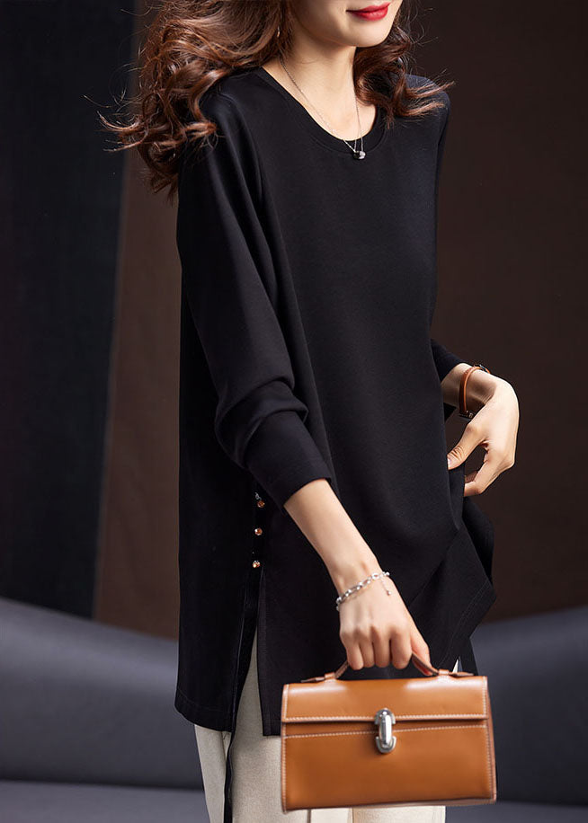 French Black O-Neck Side Open Zircon Tops Long Sleeve Ada Fashion