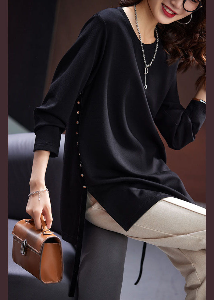 French Black O-Neck Side Open Zircon Tops Long Sleeve Ada Fashion