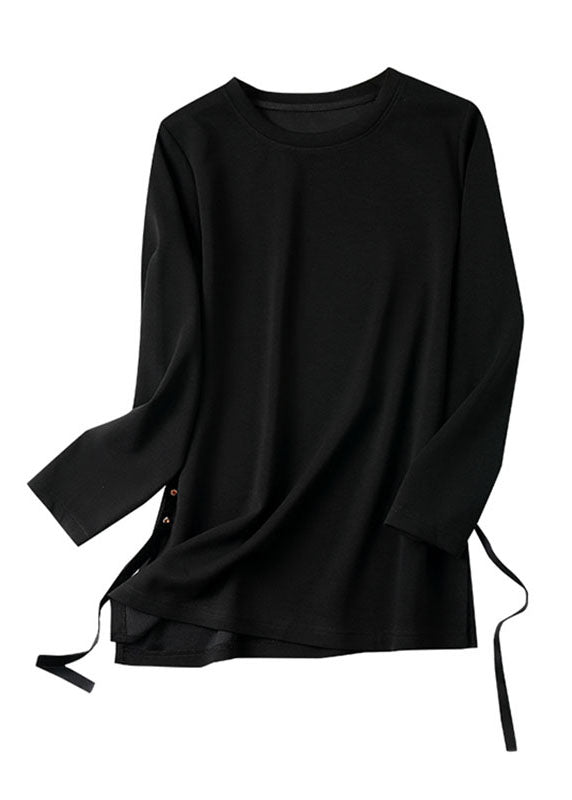 French Black O-Neck Side Open Zircon Tops Long Sleeve Ada Fashion