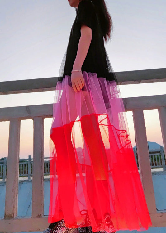 French Black O Neck Tulle Patchwork Cotton Long Dresses Summer Ada Fashion