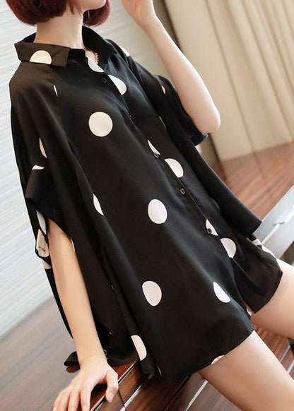 French Black Oversized Dot Print Chiffon Tops Batwing Sleeve LY2588 - fabuloryshop