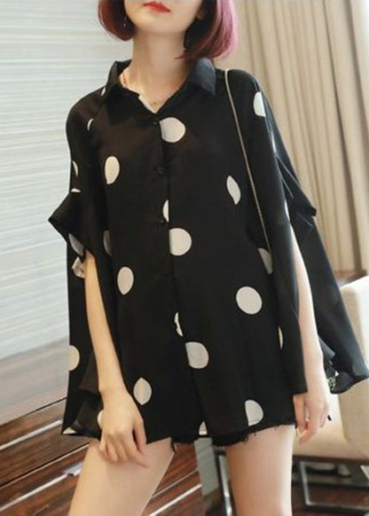 French Black Oversized Dot Print Chiffon Tops Batwing Sleeve LY2588 - fabuloryshop