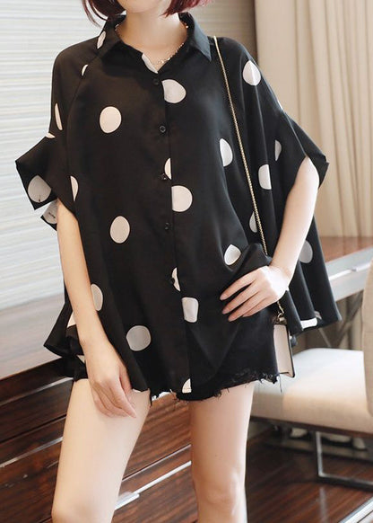 French Black Oversized Dot Print Chiffon Tops Batwing Sleeve LY2588 - fabuloryshop