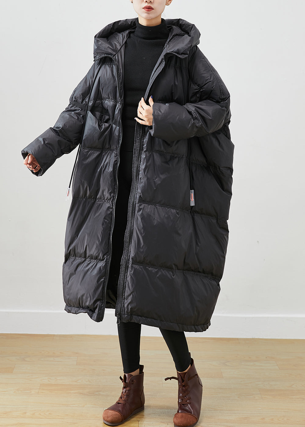 French Black Oversized Drawstring Duck Down Jacket In Winter Ada Fashion