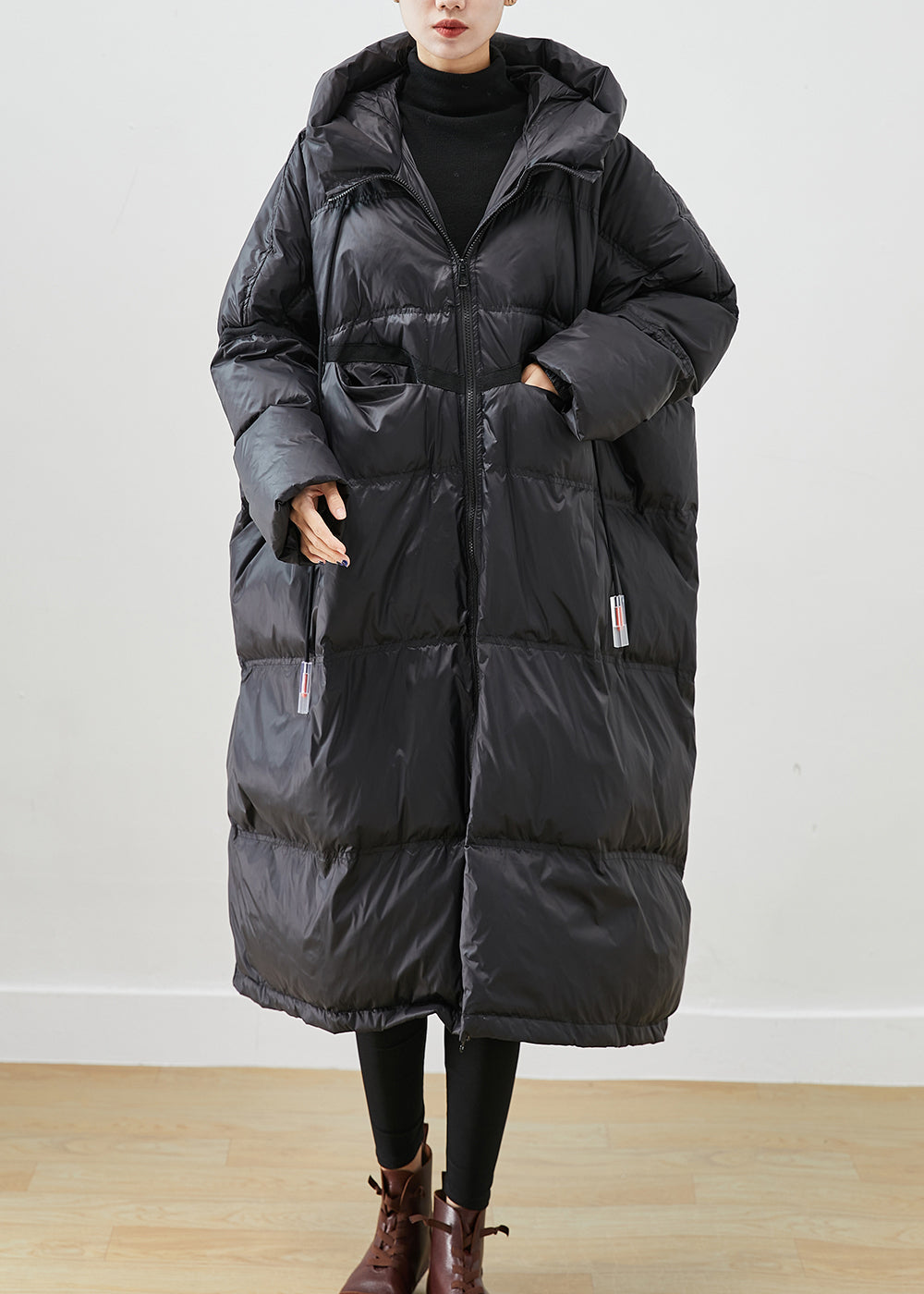 French Black Oversized Drawstring Duck Down Jacket In Winter Ada Fashion