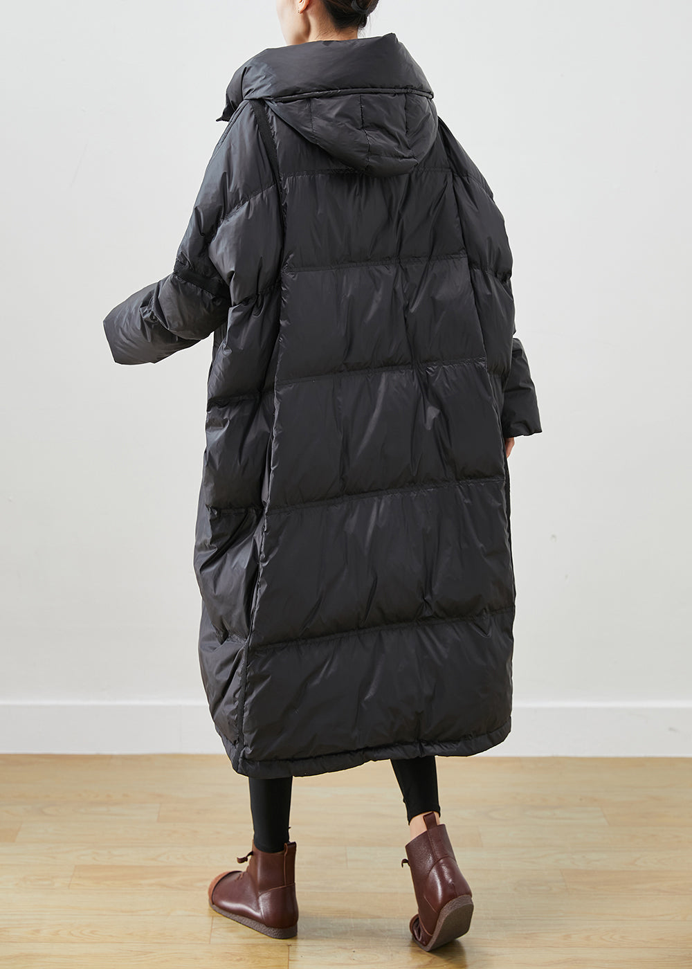 French Black Oversized Drawstring Duck Down Jacket In Winter Ada Fashion