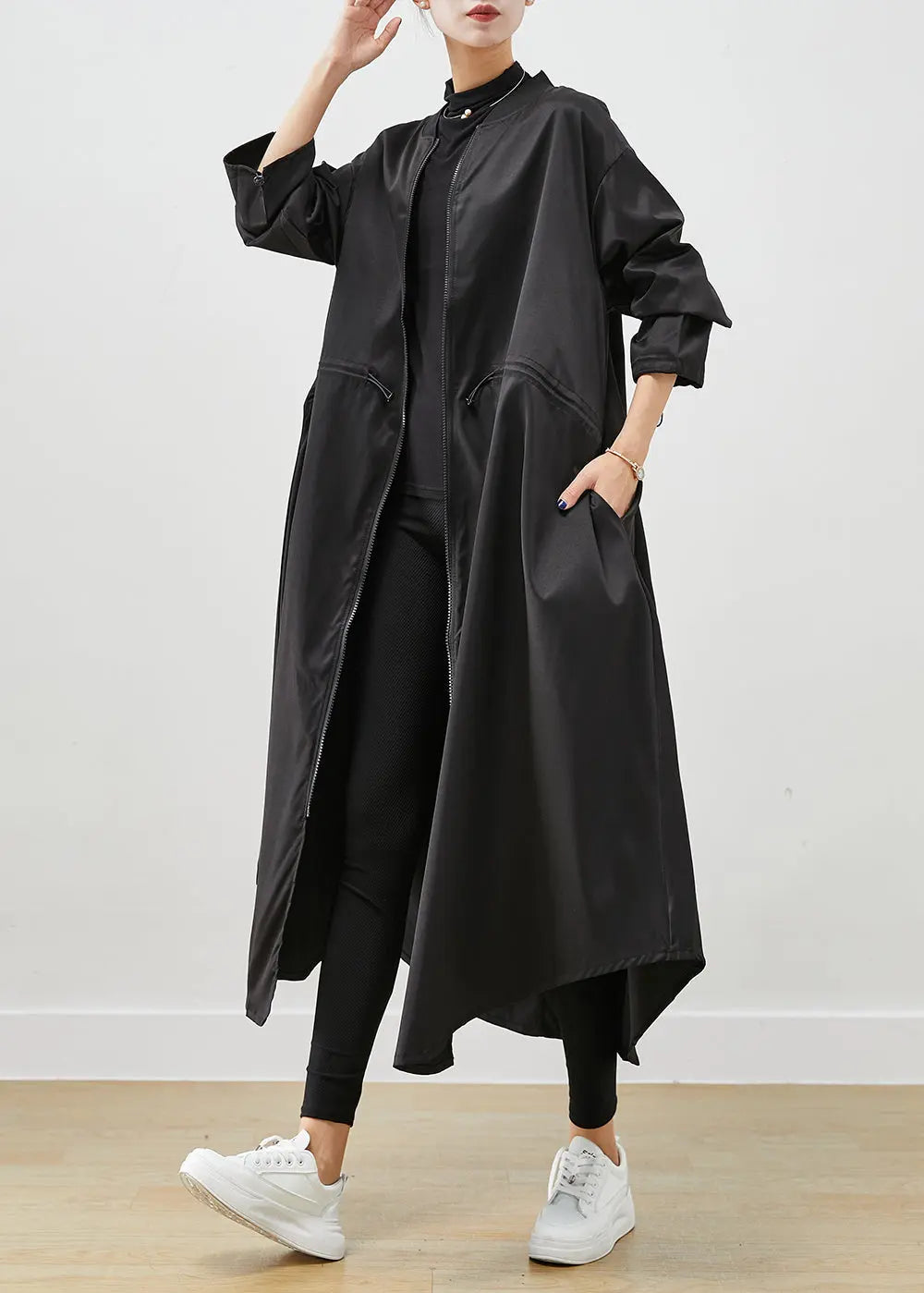 French Black Oversized Drawstring Spandex Trench Fall Ada Fashion