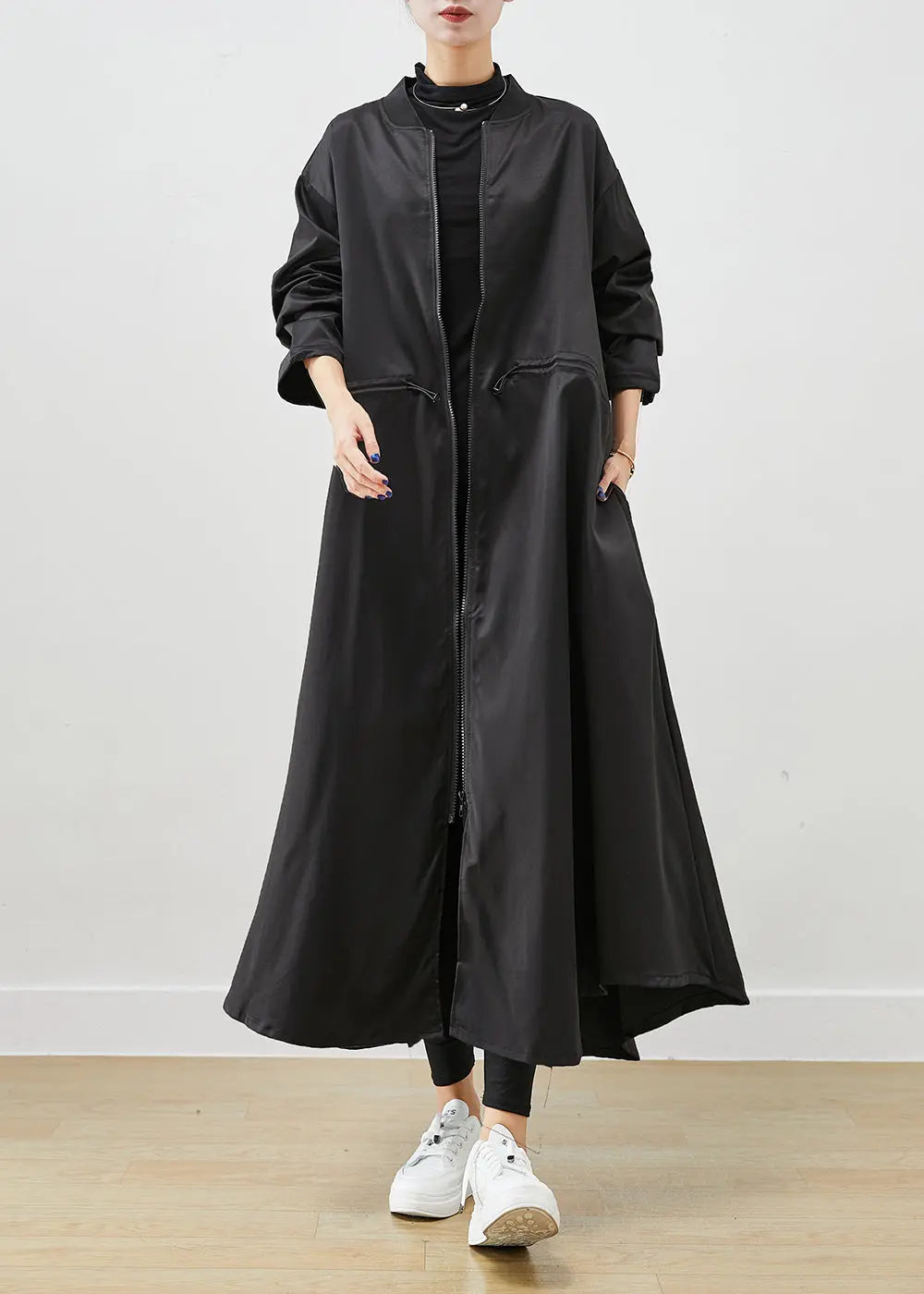 French Black Oversized Drawstring Spandex Trench Fall Ada Fashion