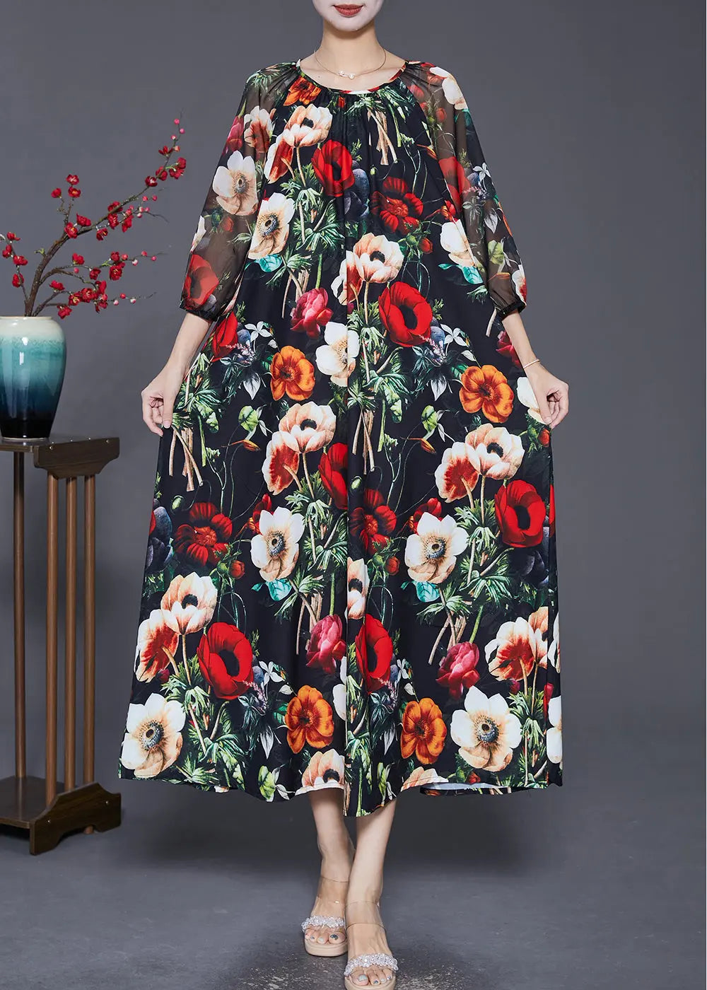 French Black Oversized Floral Print Draping Chiffon Dresses Summer Ada Fashion