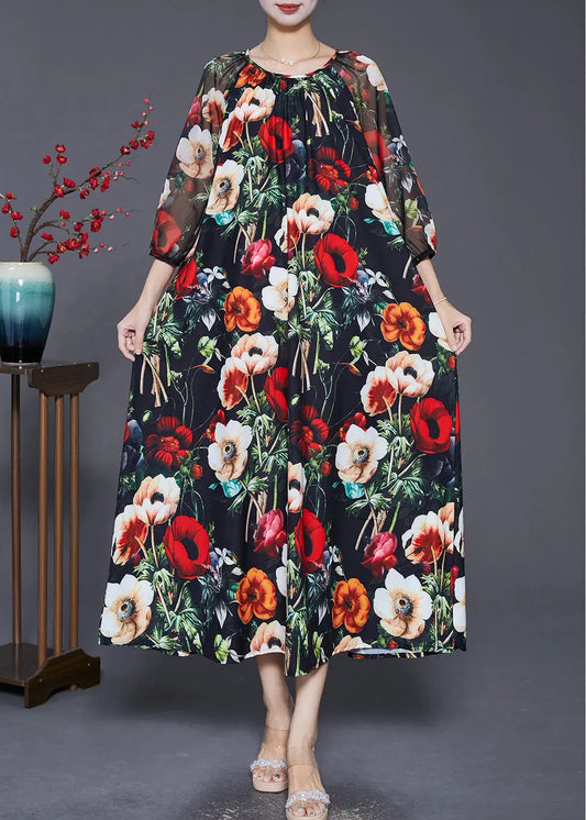French Black Oversized Floral Print Draping Chiffon Dresses Summer Ada Fashion