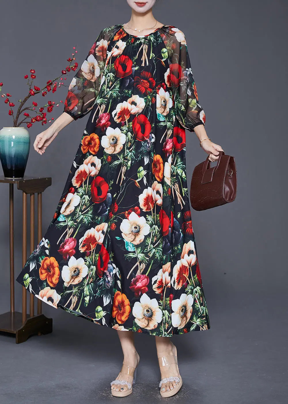 French Black Oversized Floral Print Draping Chiffon Dresses Summer Ada Fashion