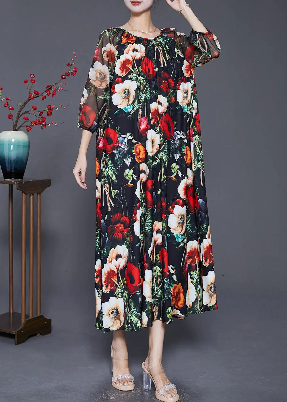 French Black Oversized Floral Print Draping Chiffon Dresses Summer Ada Fashion