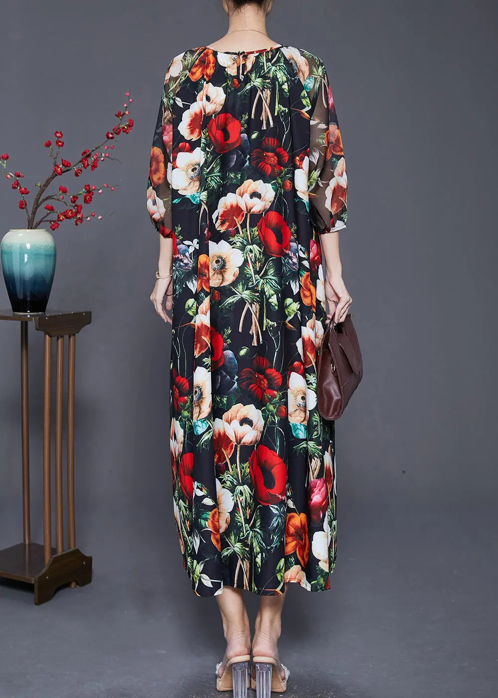 French Black Oversized Floral Print Draping Chiffon Dresses Summer Ada Fashion