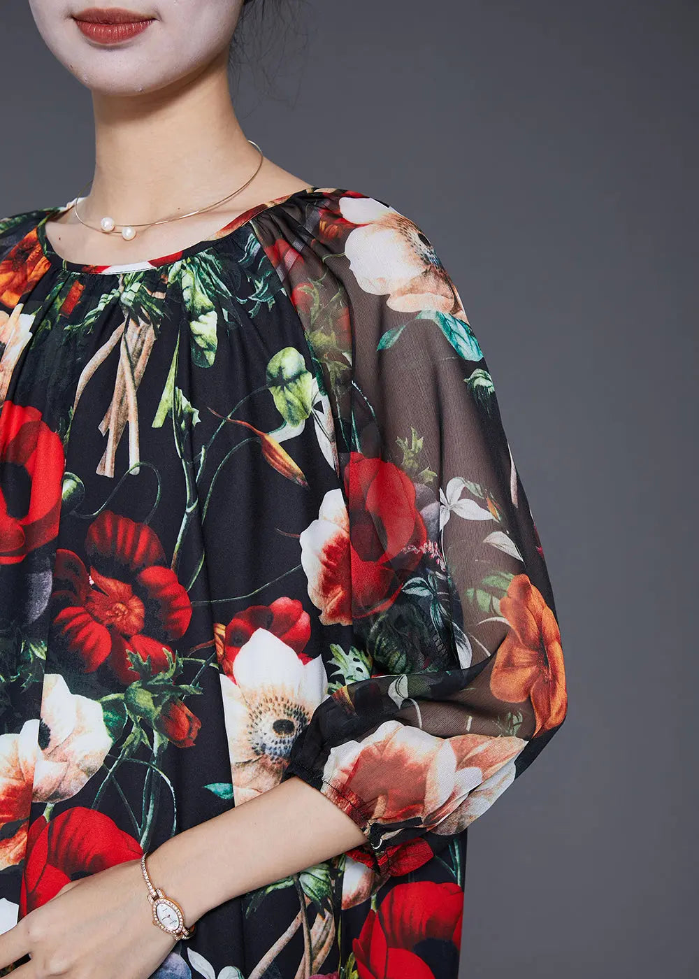 French Black Oversized Floral Print Draping Chiffon Dresses Summer Ada Fashion