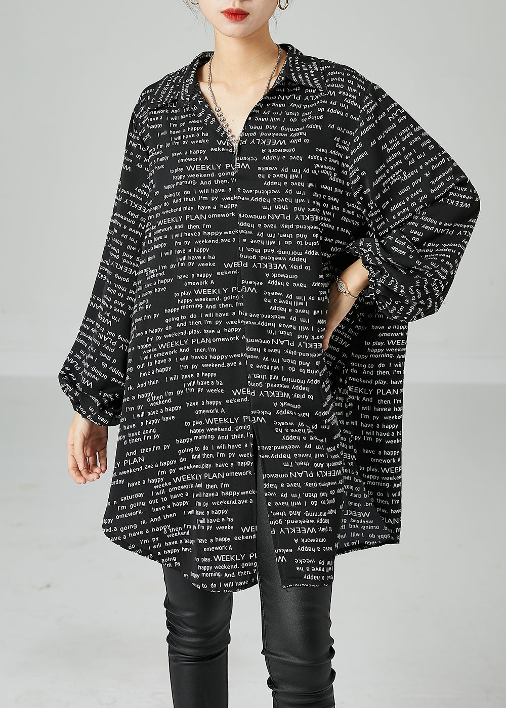 French Black Oversized Letter Print Chiffon Shirt Dress Spring LY2437
