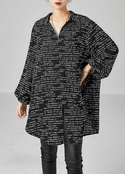 French Black Oversized Letter Print Chiffon Shirt Dress Spring LY2437 - fabuloryshop