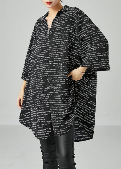 French Black Oversized Letter Print Chiffon Shirt Dress Spring LY2437 - fabuloryshop