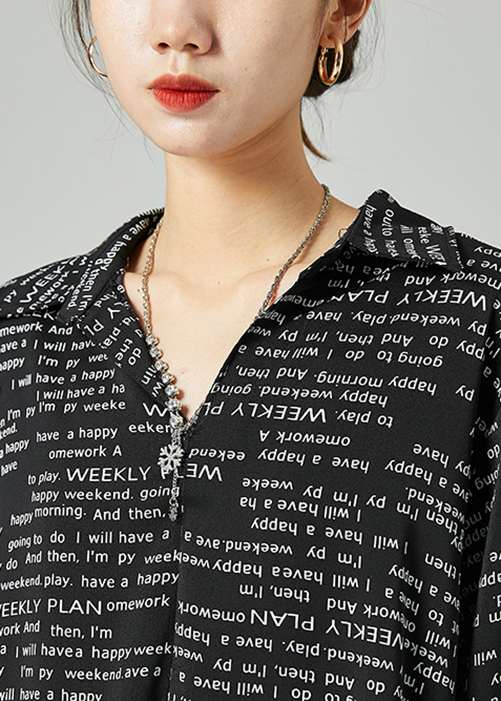 French Black Oversized Letter Print Chiffon Shirt Dress Spring LY2437