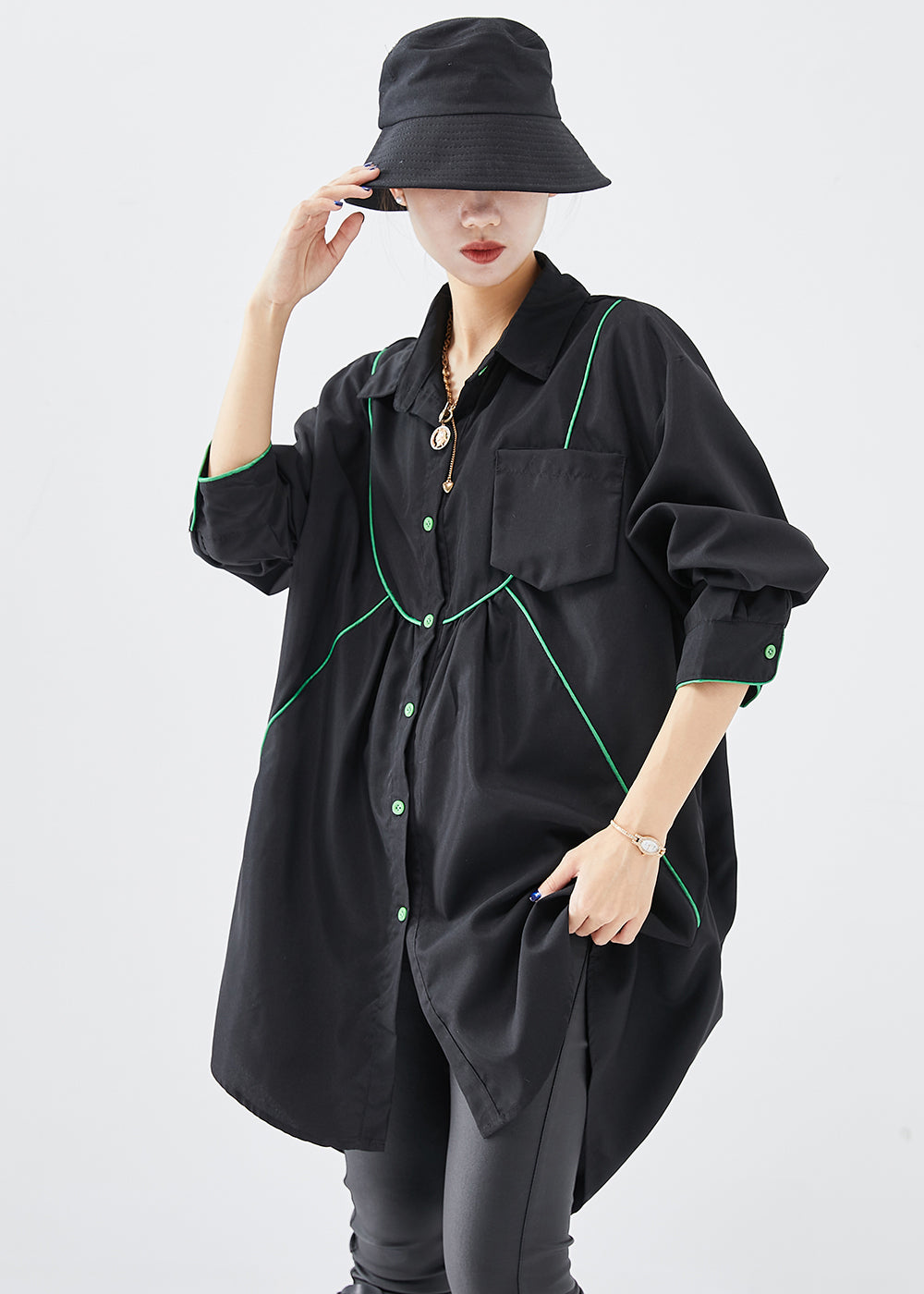 French Black Oversized Low High Design Cotton Shirt Dress Fall Ada Fashion