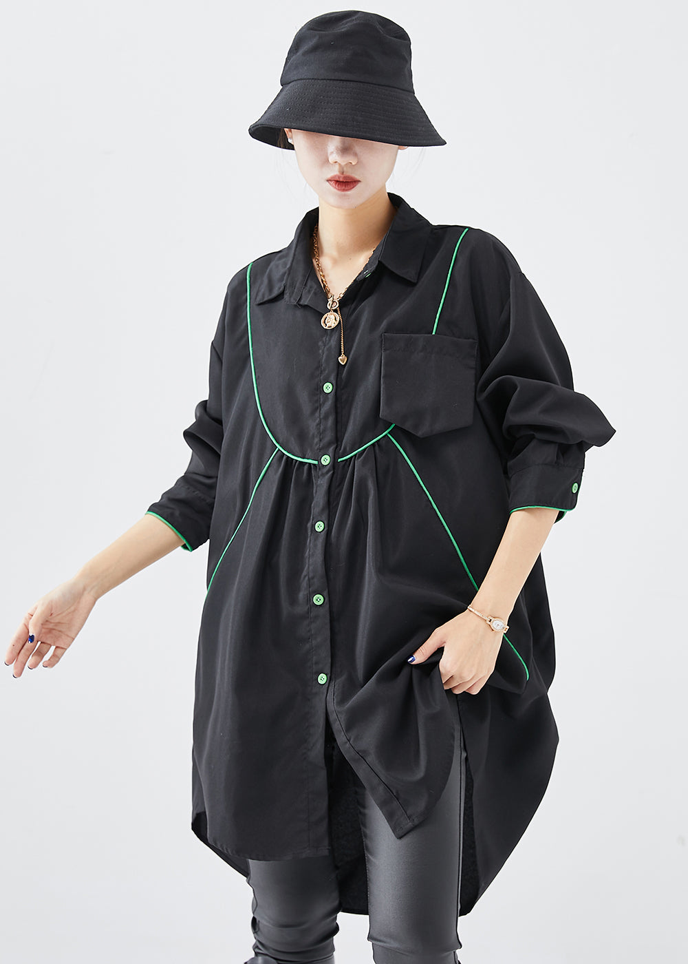 French Black Oversized Low High Design Cotton Shirt Dress Fall Ada Fashion