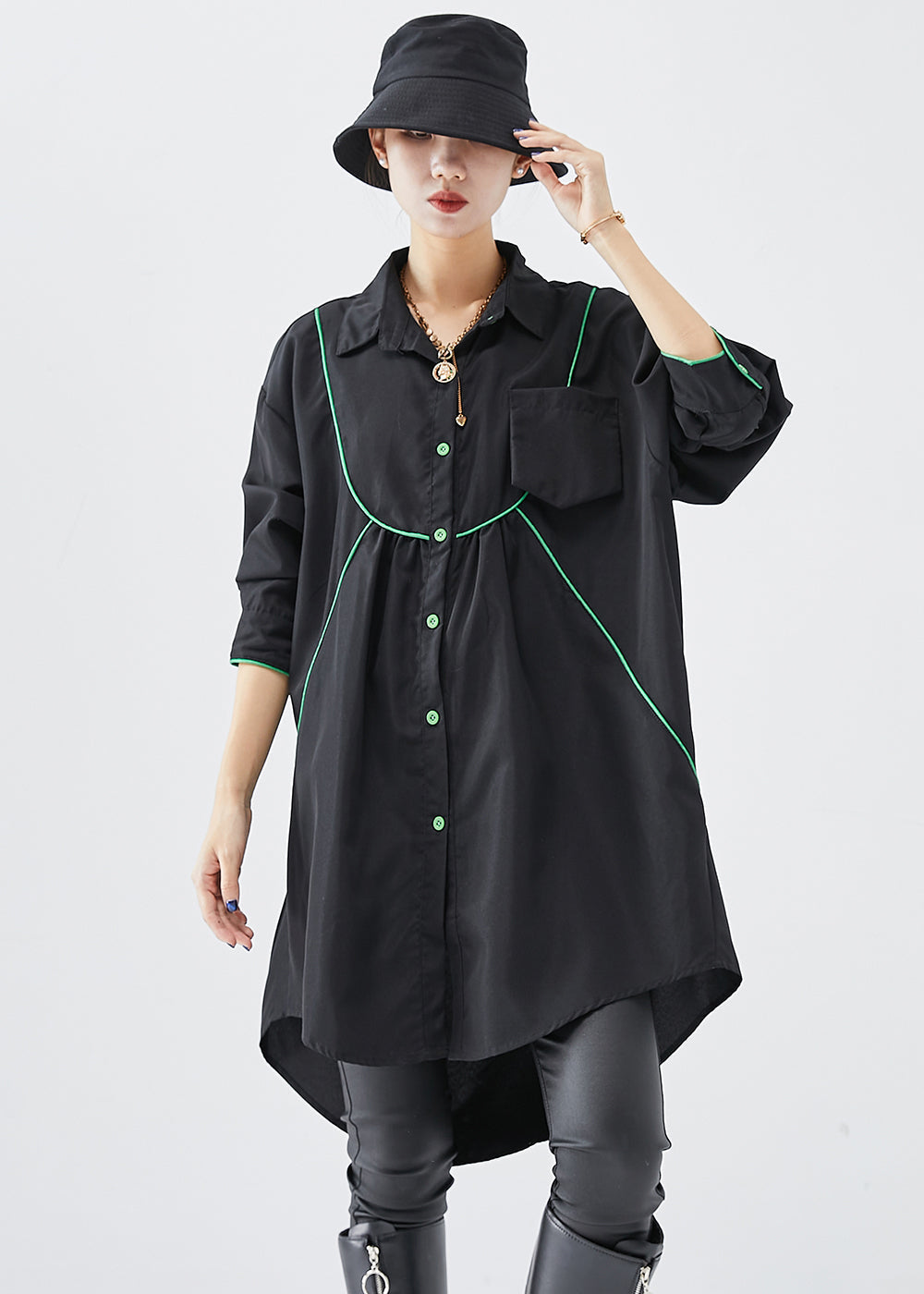 French Black Oversized Low High Design Cotton Shirt Dress Fall Ada Fashion