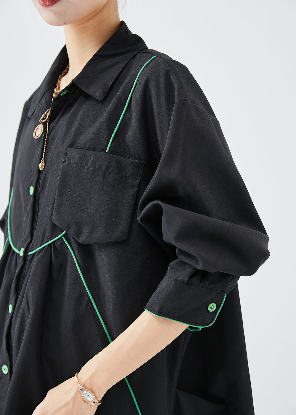 French Black Oversized Low High Design Cotton Shirt Dress Fall Ada Fashion