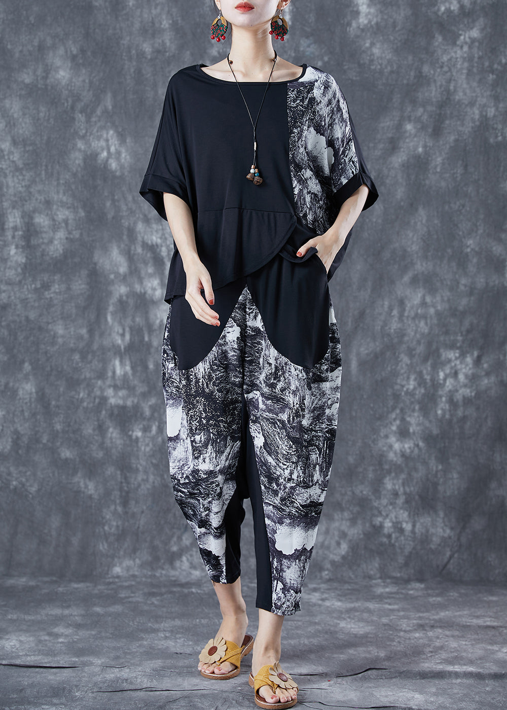 French Black Oversized Patchwork Cotton Two Piece Suit Set Summer LY5646 - fabuloryshop