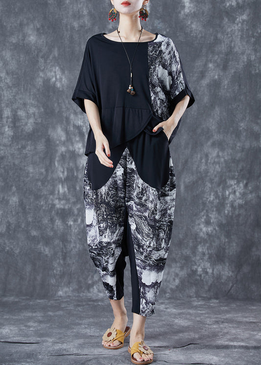 French Black Oversized Patchwork Cotton Two Piece Suit Set Summer LY5646 - fabuloryshop
