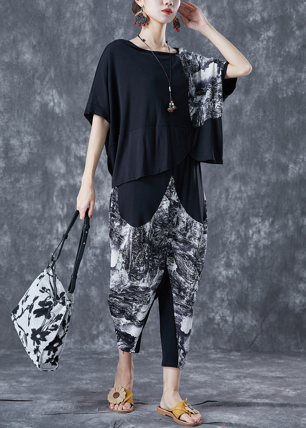 French Black Oversized Patchwork Cotton Two Piece Suit Set Summer LY5646 - fabuloryshop