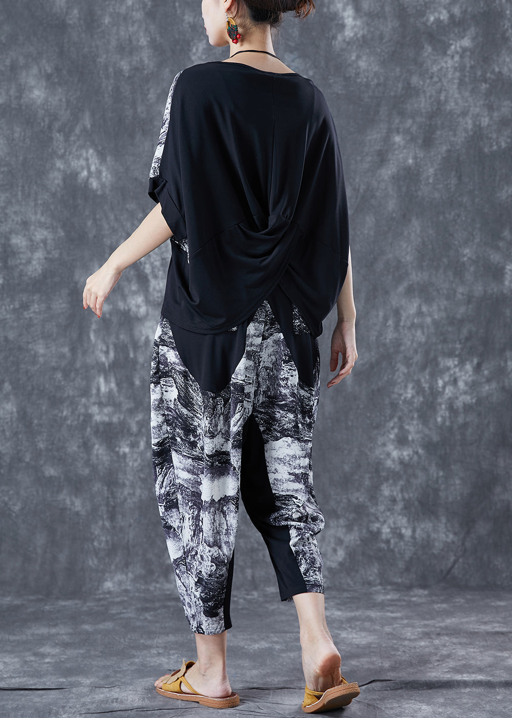 French Black Oversized Patchwork Cotton Two Piece Suit Set Summer LY5646 - fabuloryshop