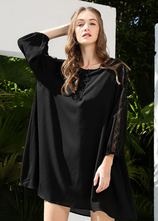 French Black Oversized Patchwork Lace Chiffon Dresses Bracelet Sleeve LY0269 - fabuloryshop