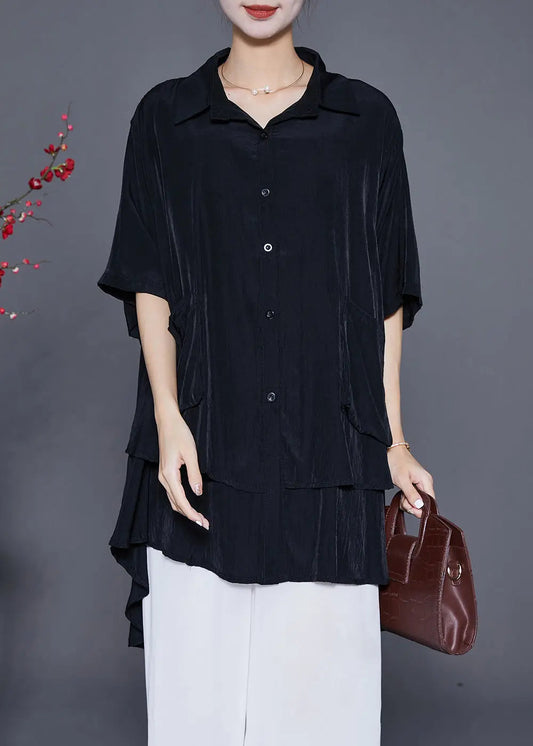 French Black Oversized Patchwork Low High Design Cotton Top Summer Ada Fashion