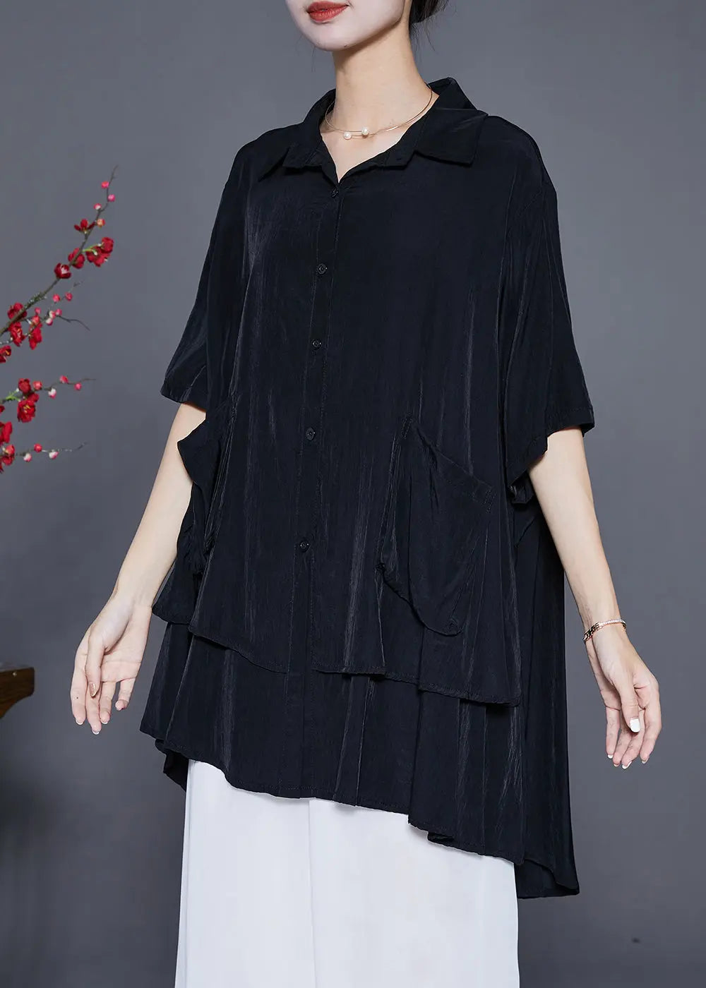 French Black Oversized Patchwork Low High Design Cotton Top Summer Ada Fashion