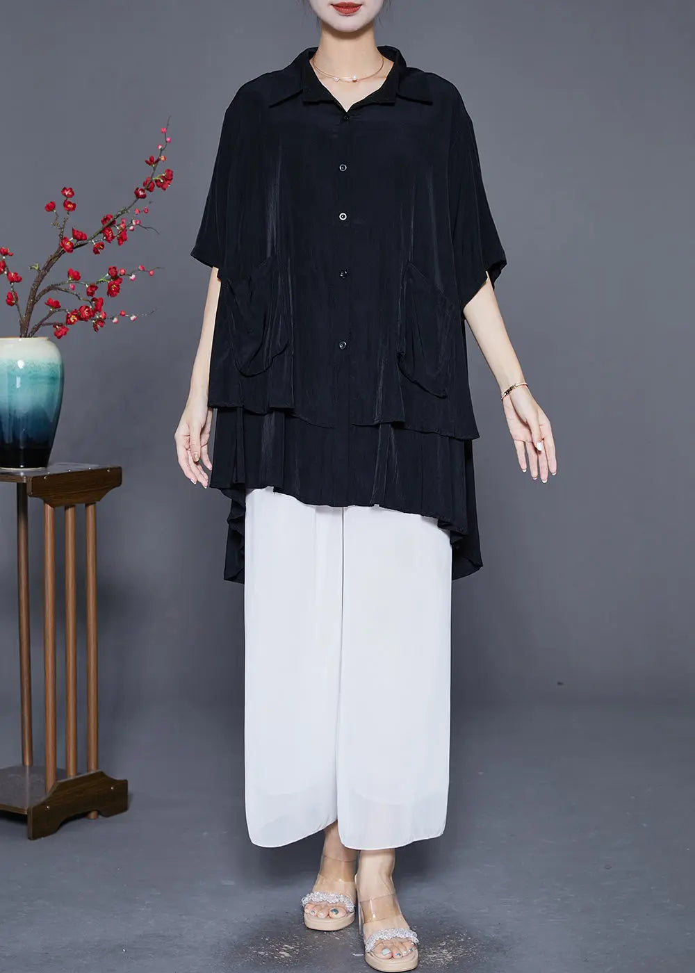 French Black Oversized Patchwork Low High Design Cotton Top Summer Ada Fashion