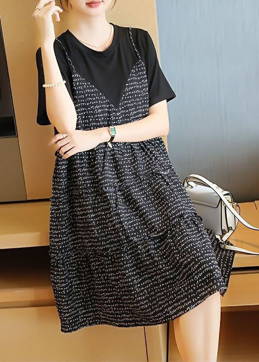 French Black Oversized Patchwork Print Cotton Fake Two Piece Mid Dresses Summer LY1436 - fabuloryshop