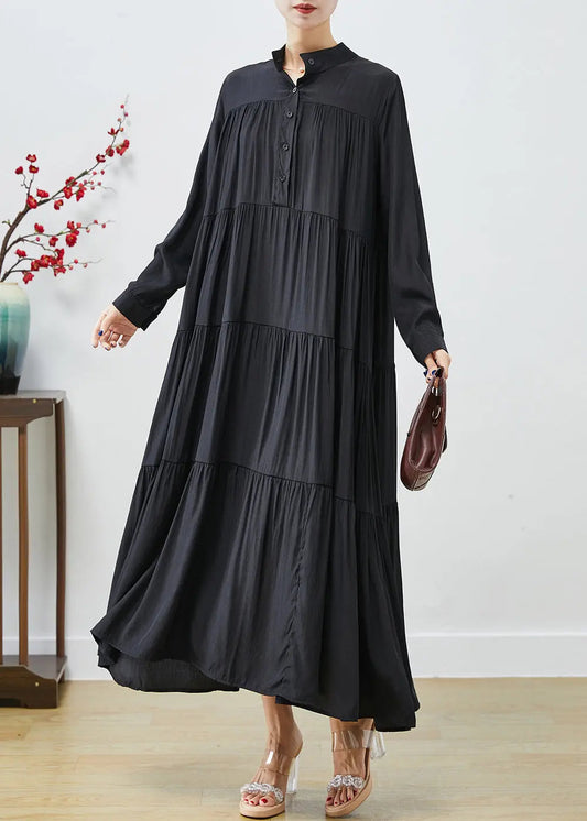 French Black Oversized Patchwork Wrinkled Cotton Dress Fall Ada Fashion