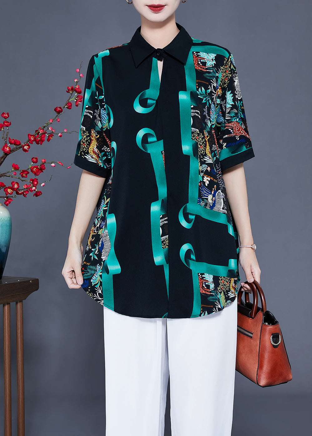 French Black Oversized Print Silk Shirt Top Summer LY0937 - fabuloryshop