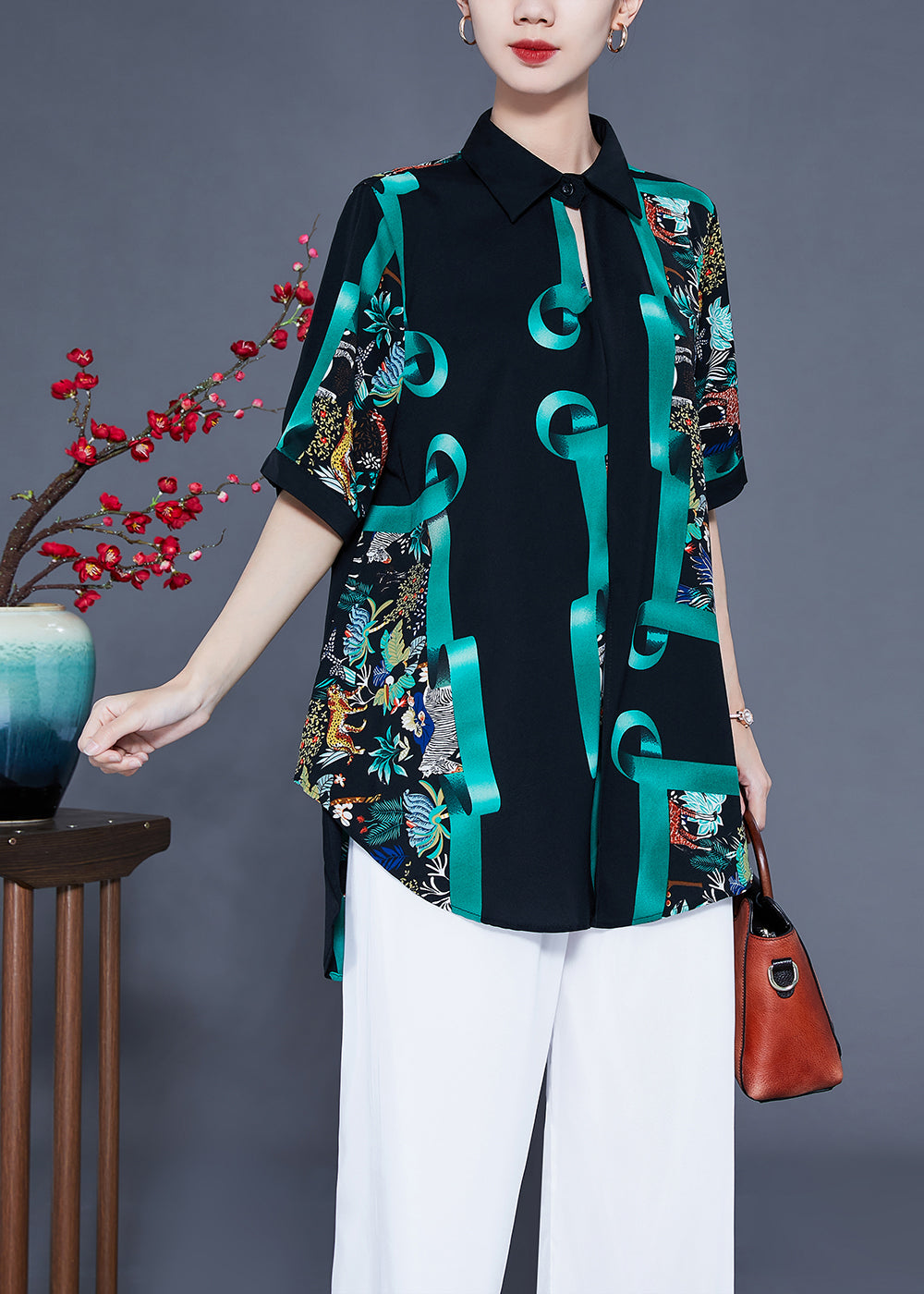 French Black Oversized Print Silk Shirt Top Summer LY0937 - fabuloryshop