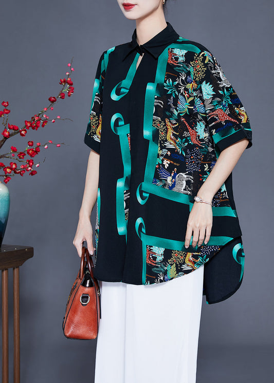 French Black Oversized Print Silk Shirt Top Summer LY0937 - fabuloryshop