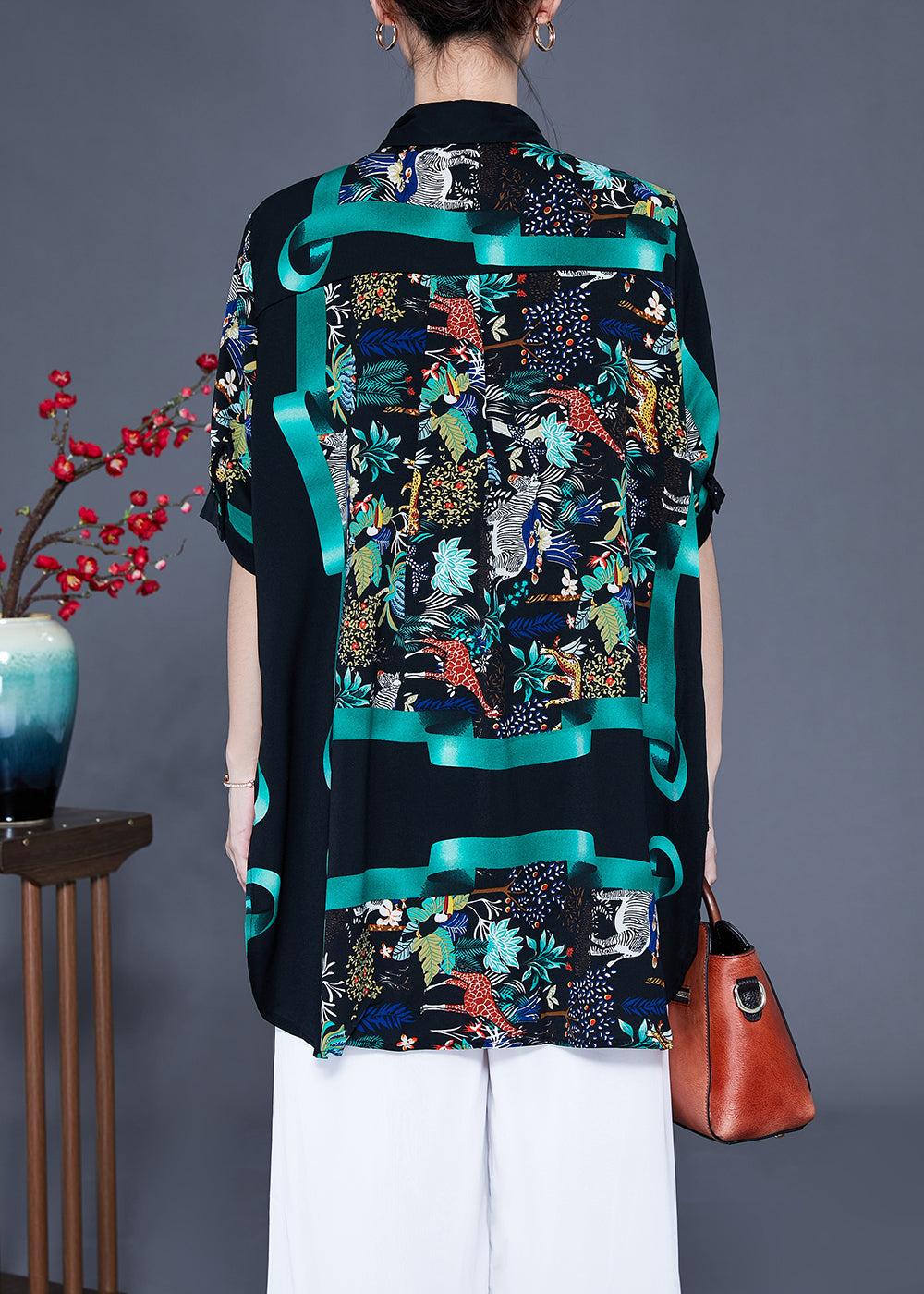 French Black Oversized Print Silk Shirt Top Summer LY0937 - fabuloryshop