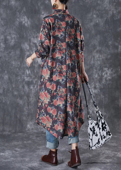 French Black Oversized Rose Print Cotton Shirt Dresses Fall Ada Fashion