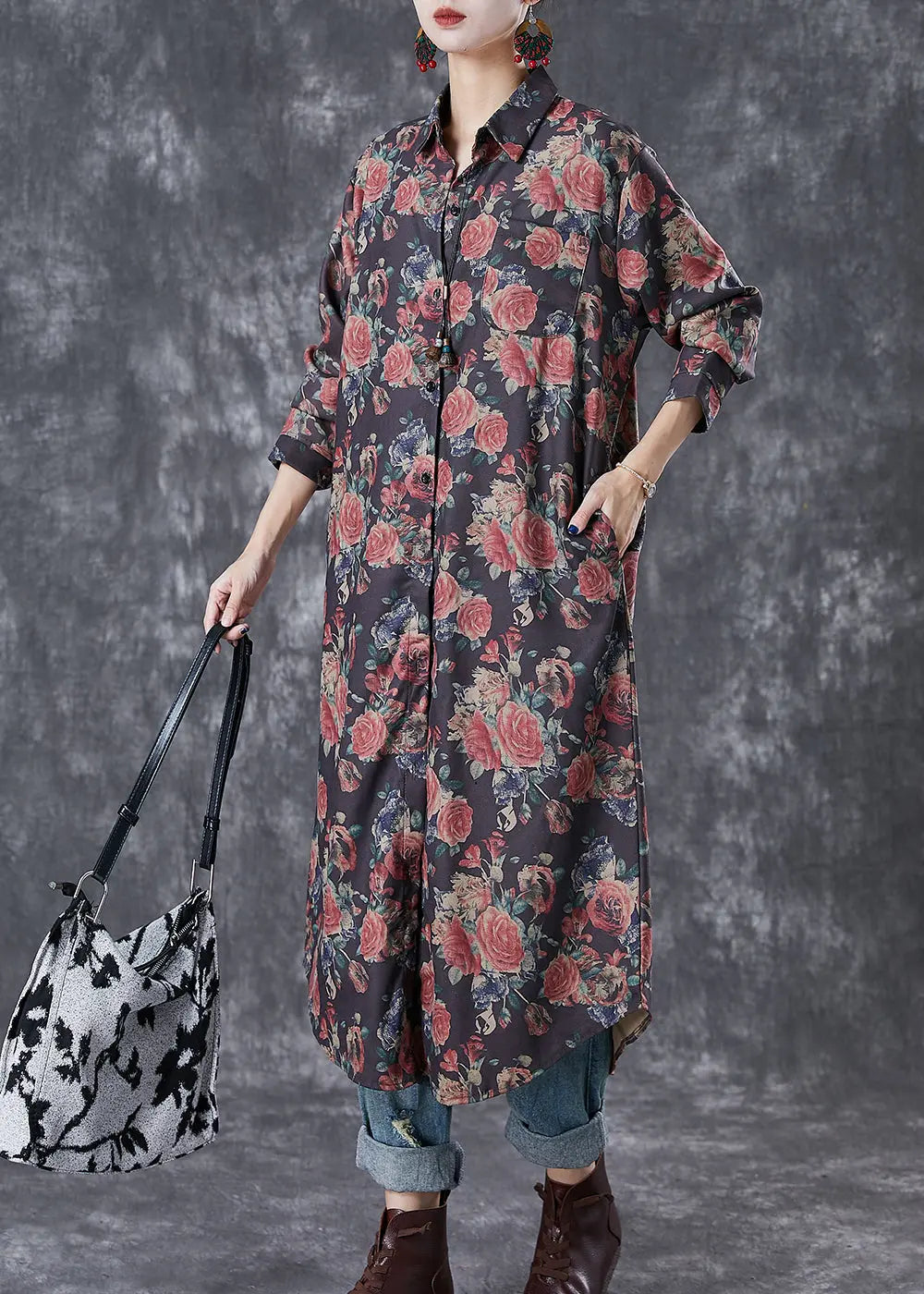 French Black Oversized Rose Print Cotton Shirt Dresses Fall Ada Fashion