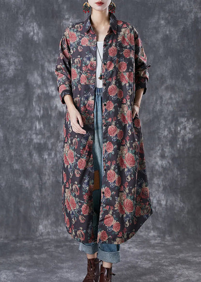 French Black Oversized Rose Print Cotton Shirt Dresses Fall Ada Fashion