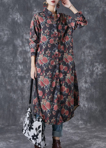 French Black Oversized Rose Print Cotton Shirt Dresses Fall Ada Fashion